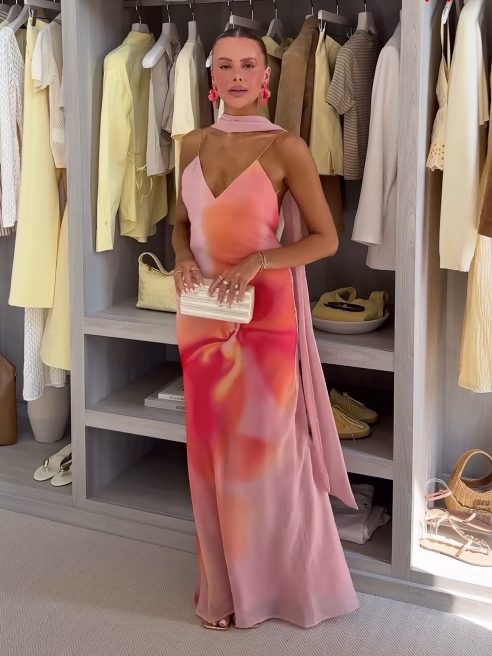 ZARA Pink Orange Ombre Printed Chiffon Scarf Maxi Dress Gown